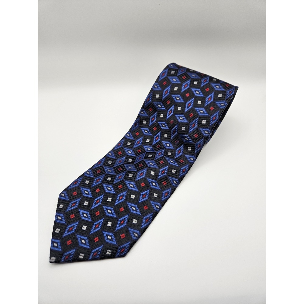 XMI Platinum Mens Silk Tie Blue Red Geometric Diamond Pattern Hand Made USA‎
